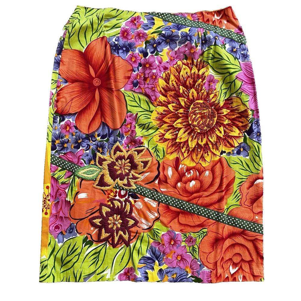 Beaded Floral Embroidered Pencil Skirt Sz M Tropical Resortwear Beachy Vacation